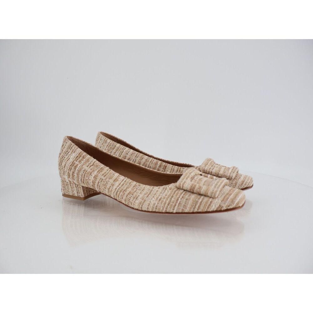 ANN MASHBURN Beige Tweed Low Heel Pumps with Buckle
